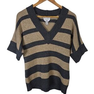 VTG Talbots Collection Women Sweater Sz L Beige Charcoal Striped V Neck Knit Top